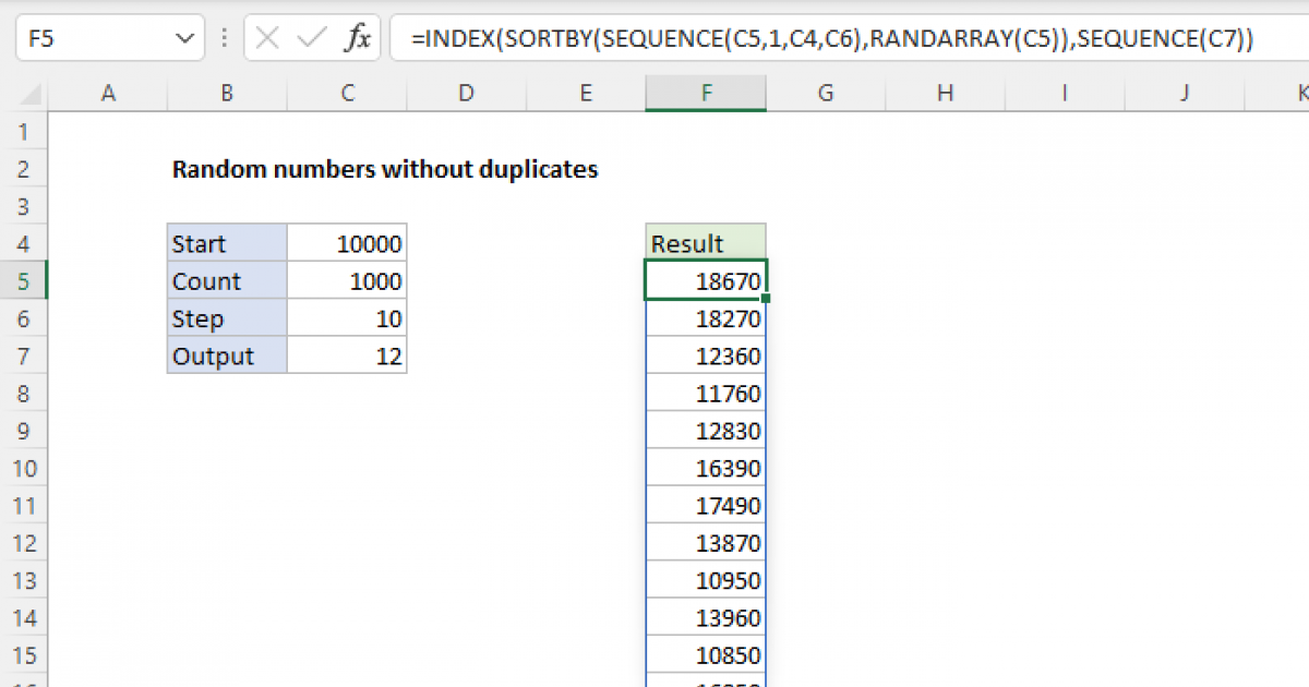 Random numbers without duplicates - Excel formula | Exceljet